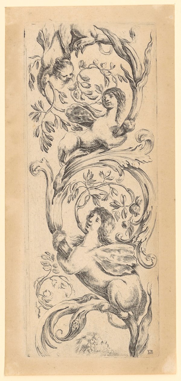Ornamentaal paneel met drie sfinxen, blad 3 uit de reeks „Ornamenten of grotesken” door Stefano della Bella