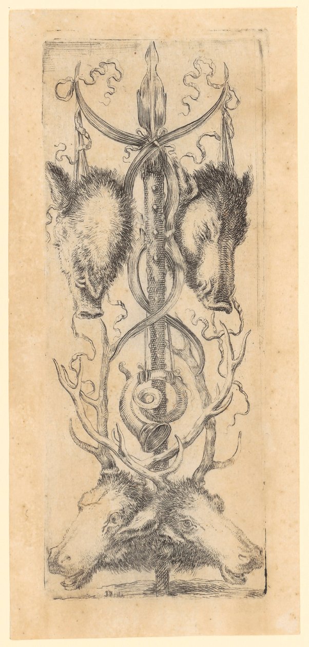 Ornamentaal paneel met bovenaan twee windvarkenskoppen, onderaan twee hertenkoppen en een hoorn in het midden, blad 8 uit de reeks „Ornamenten of grotesken” door Stefano della Bella