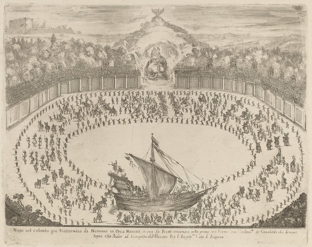 Parade met een wagen in de vorm van een schip door Stefano della Bella