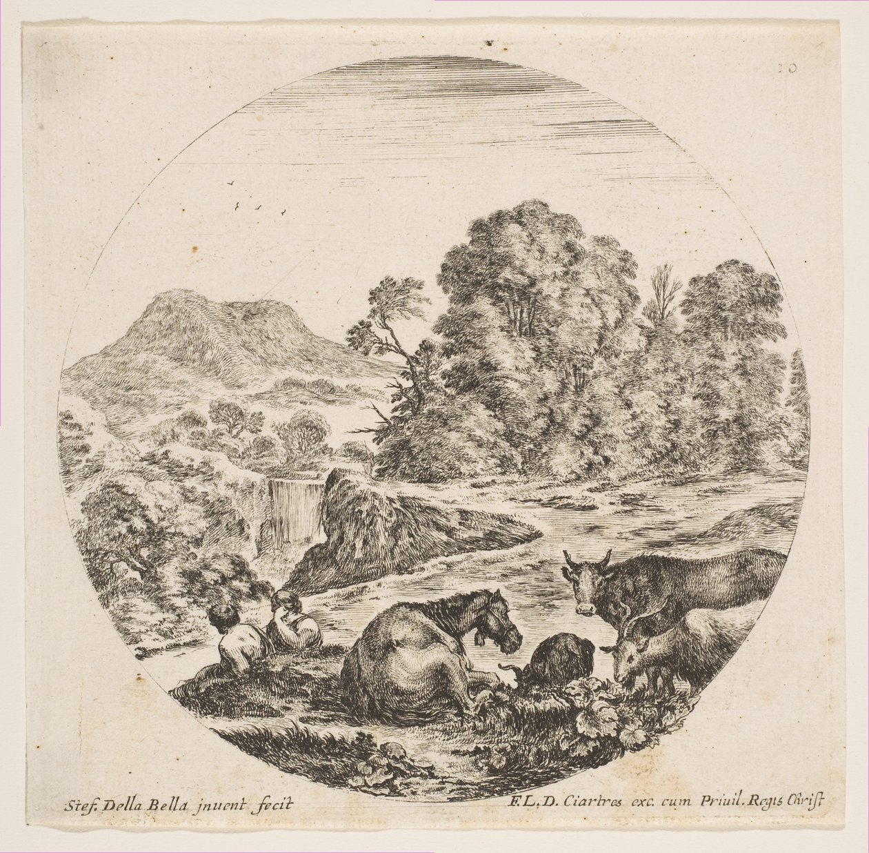 Plaat 10: een paard dat in het midden ligt, een koe en twee geiten rechts, twee zittende herders..., ca. 1646 door Stefano della Bella