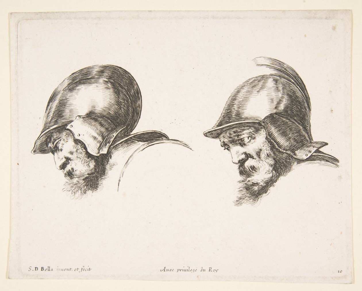 Plaat 10: twee hoofden van oude soldaten met helmen, beide naar links kijkend en naar beneden..., ca. 1641 door Stefano della Bella
