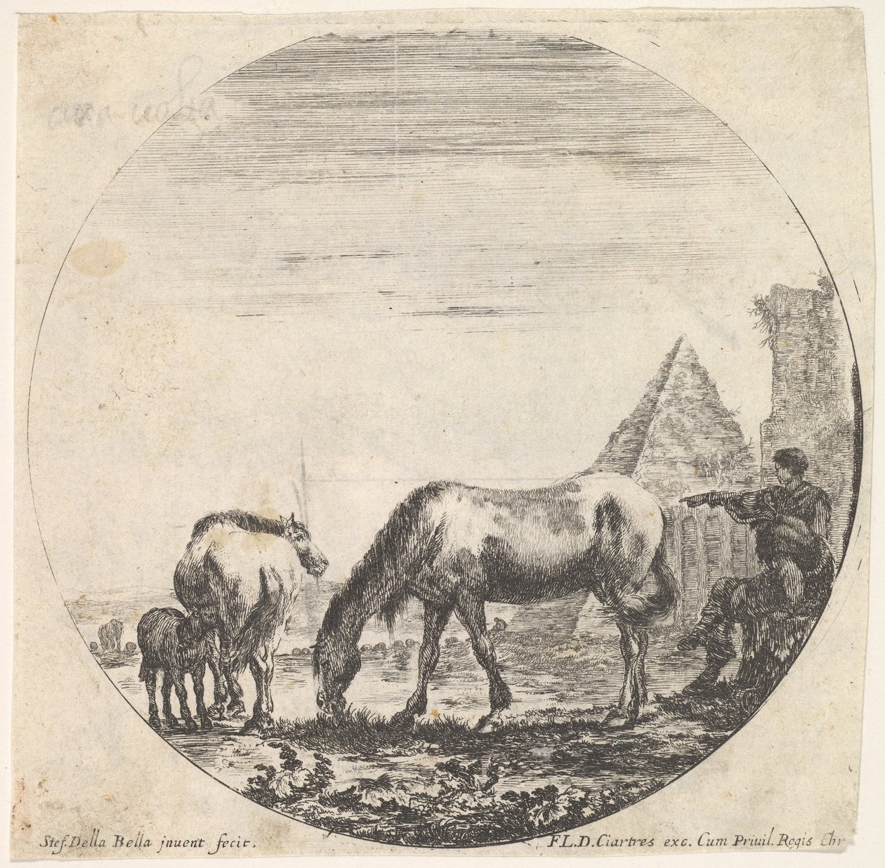Blad 11: de piramide van Caius Cestius rechts op de achtergrond, een paard grazend, ca. 1643-48 door Stefano della Bella