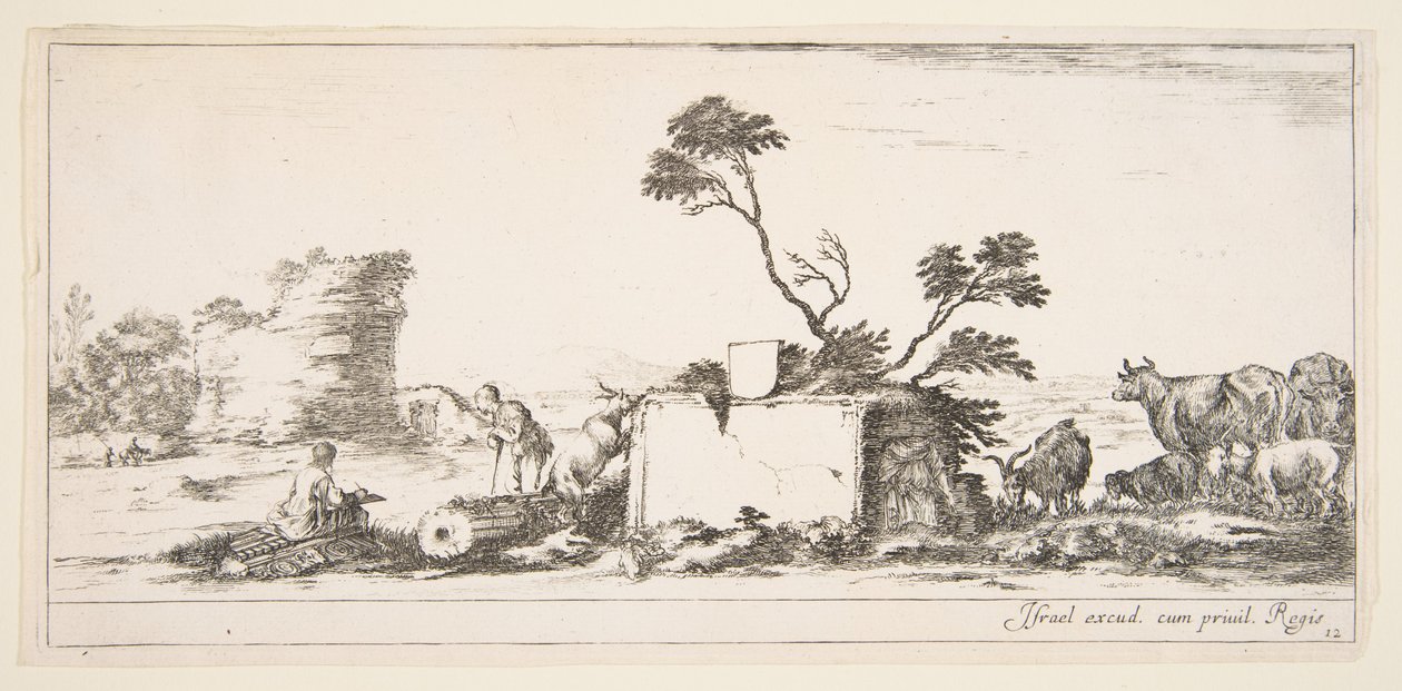 Plaat 12: een zittende tekenaar links, een staande herder naast hem rechts, ruïne, ca. 1641 door Stefano della Bella