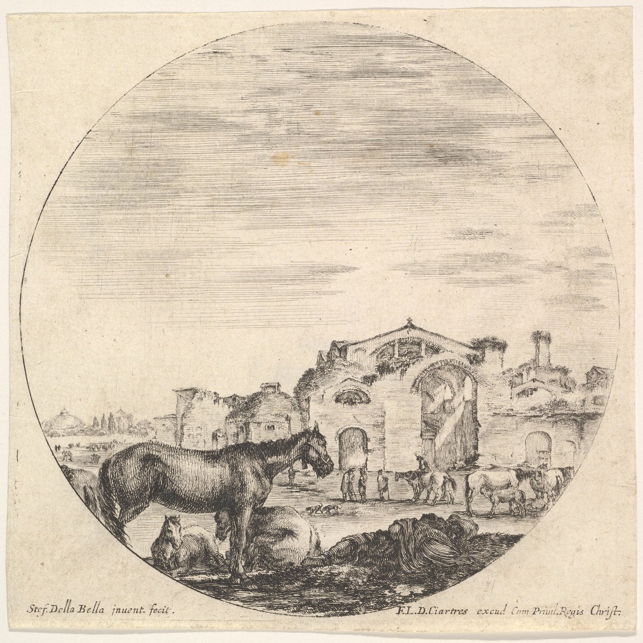 Plaat 12: een herder die op de grond slaapt naar rechts, drie paarden naar links, andere h... (ca. 1643-48) door Stefano della Bella