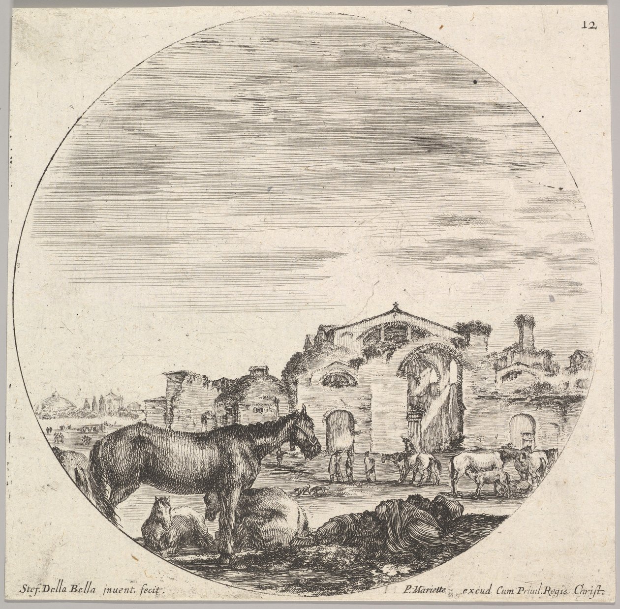 Plaat 12: een herder slapend op de grond naar rechts, drie paarden naar links, andere, ca. 1643-48 door Stefano della Bella