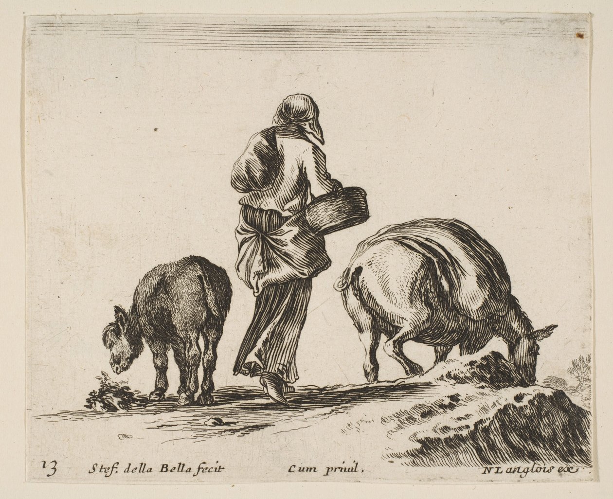 Boerin, gezien van achteren, met een mand in het midden, een ezel..., ca. 1644-47 door Stefano della Bella