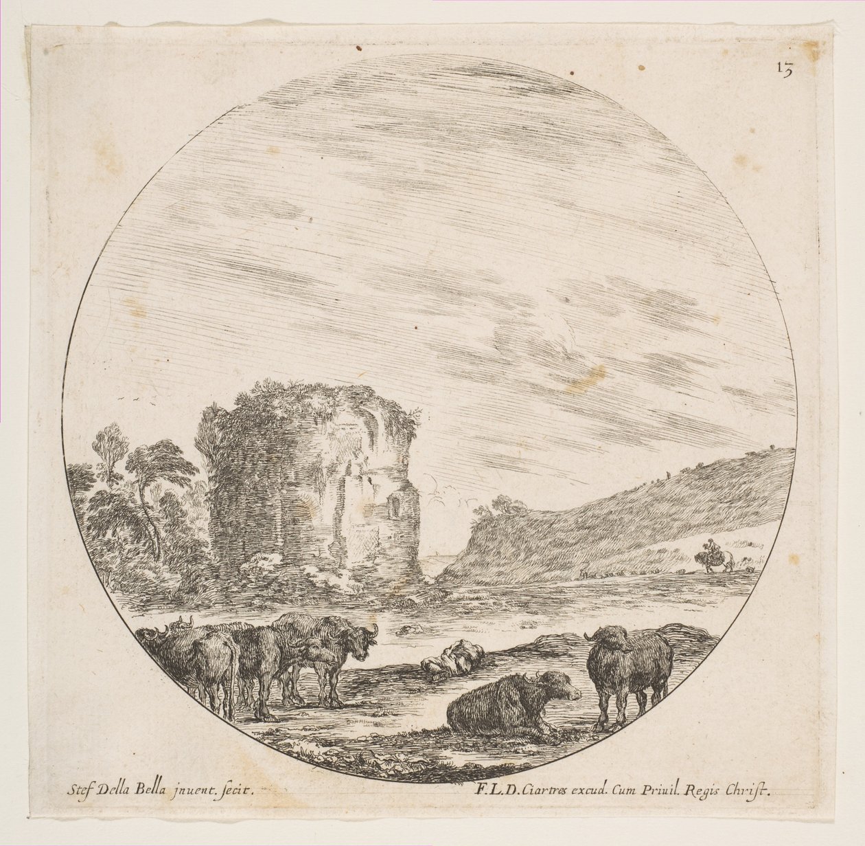 Plaat 13: ruïnes van een tempel in een Romeins landschap, uit Romeinse landschappen en ruïnes, ca. 1646 door Stefano della Bella