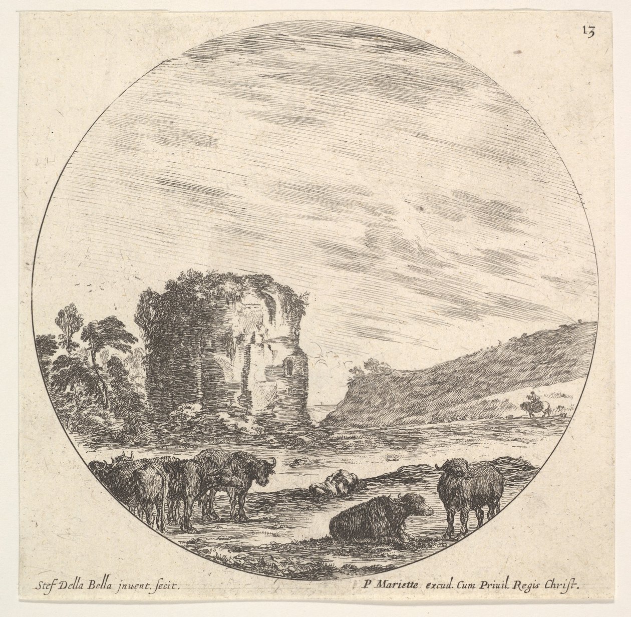 Plaat 13: ruïnes van een oude tempel op de achtergrond, een kudde koeien op de voorgrond, ca. 1643-48 door Stefano della Bella