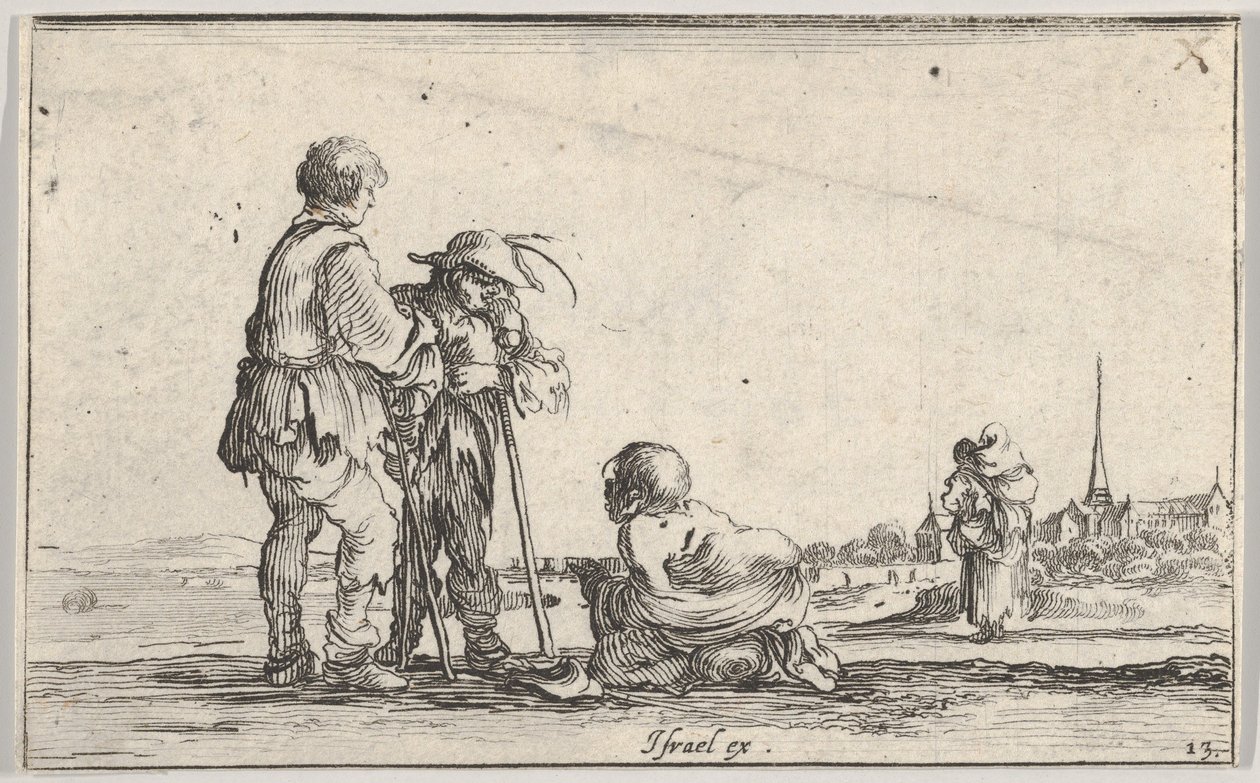 Twee boeren staand naar links, een kreupele knielend op de grond in het midden door Stefano della Bella