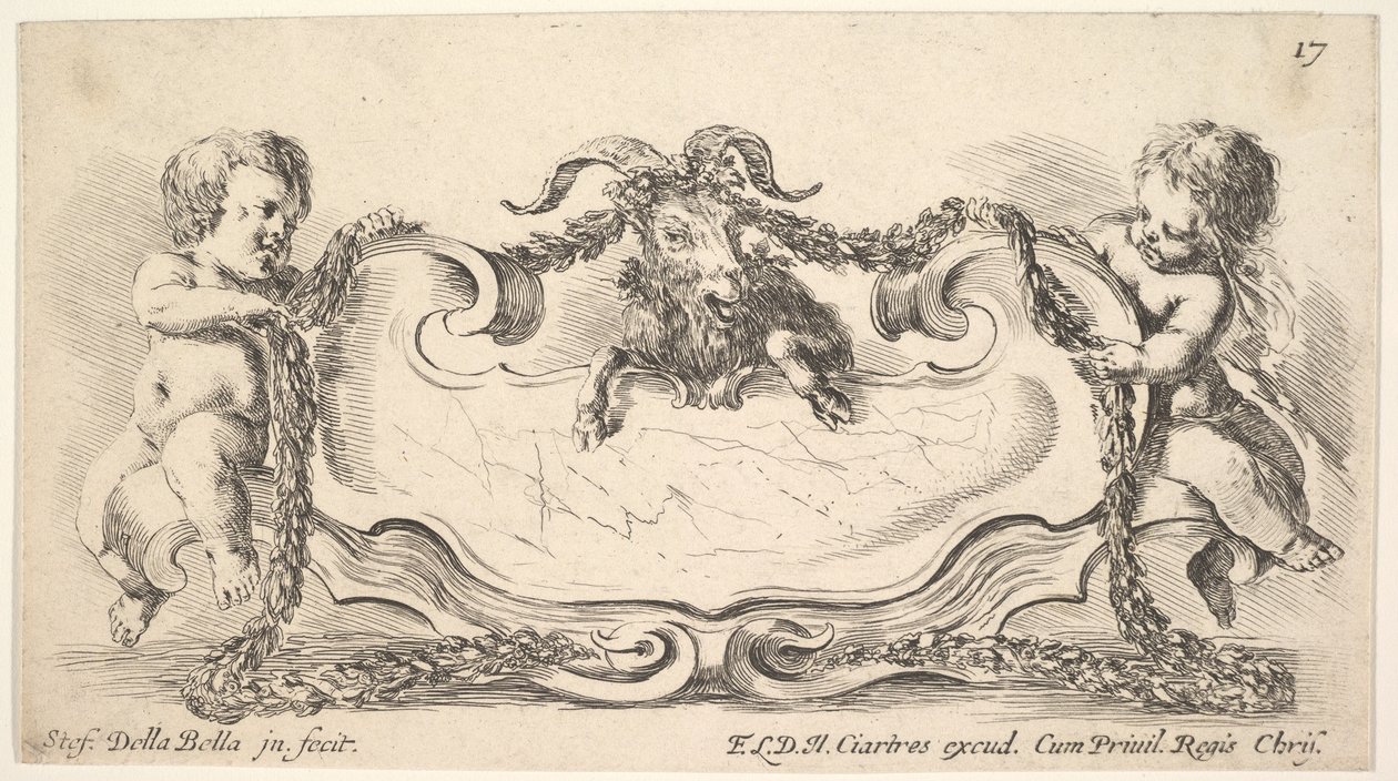 Plaat 17: een cartouche met een marmeren centrum, een kind aan weerszijden die een slinger vasthouden..., 1646 door Stefano della Bella
