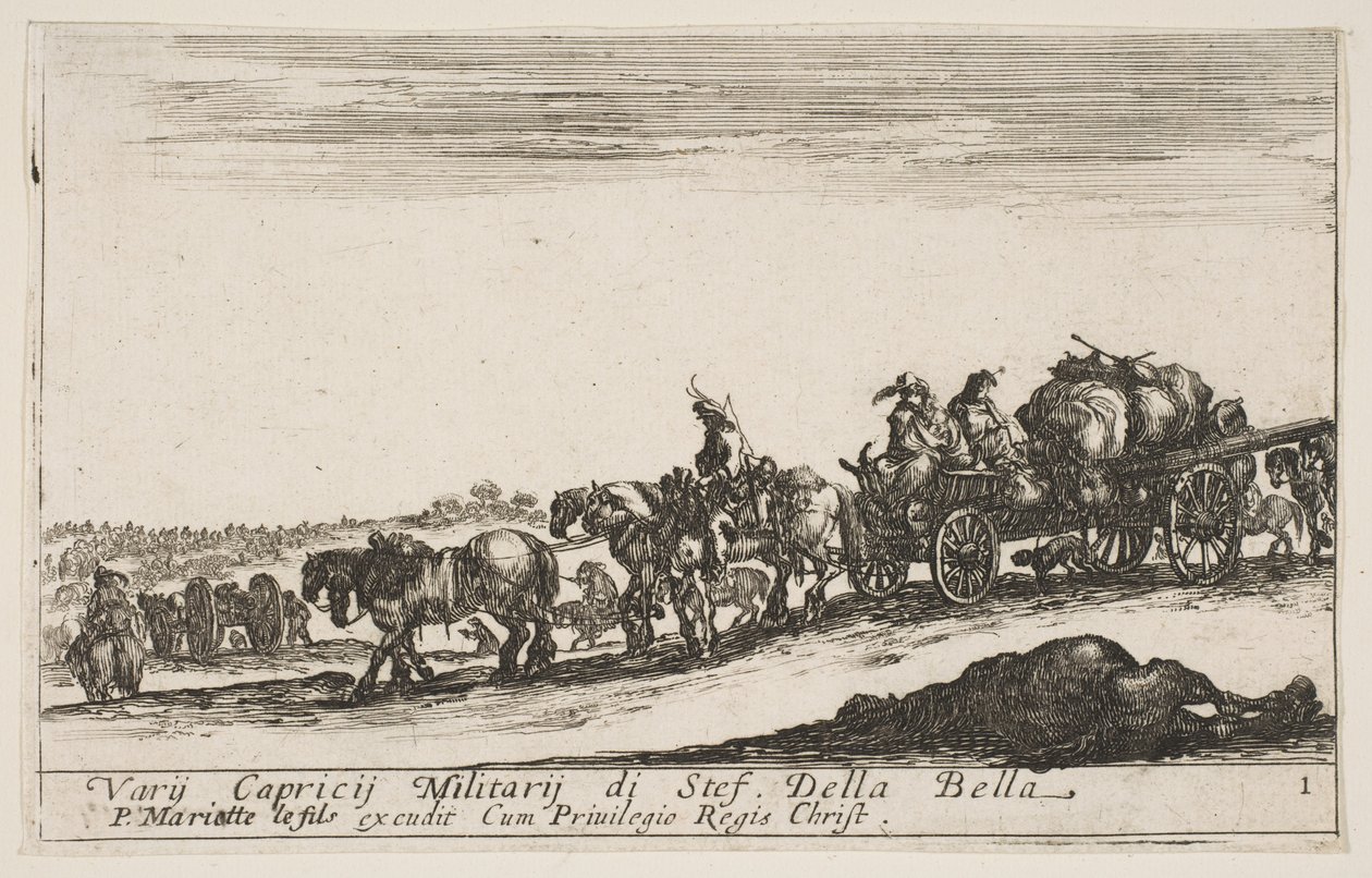 Plaat 1: Een door paarden getrokken kar die mensen en goederen vervoert, dood paard op de voorgrond, ca. 1641 door Stefano della Bella