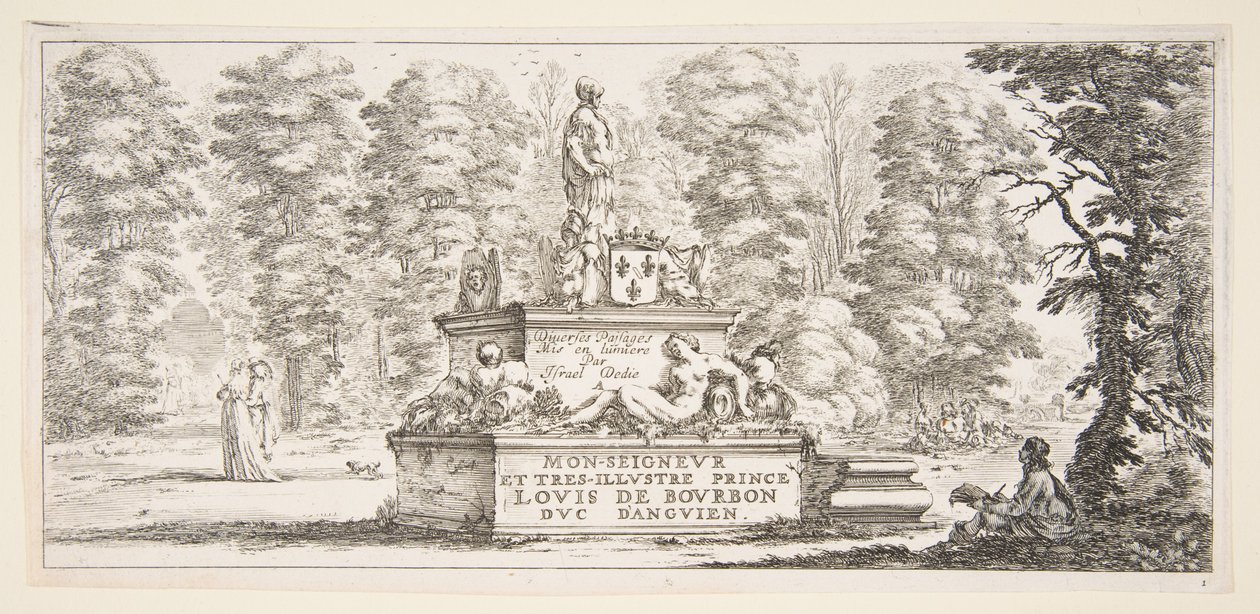Plaat 1: een monument met beelden en een wapenschild in het midden, een tekenaar door Stefano della Bella