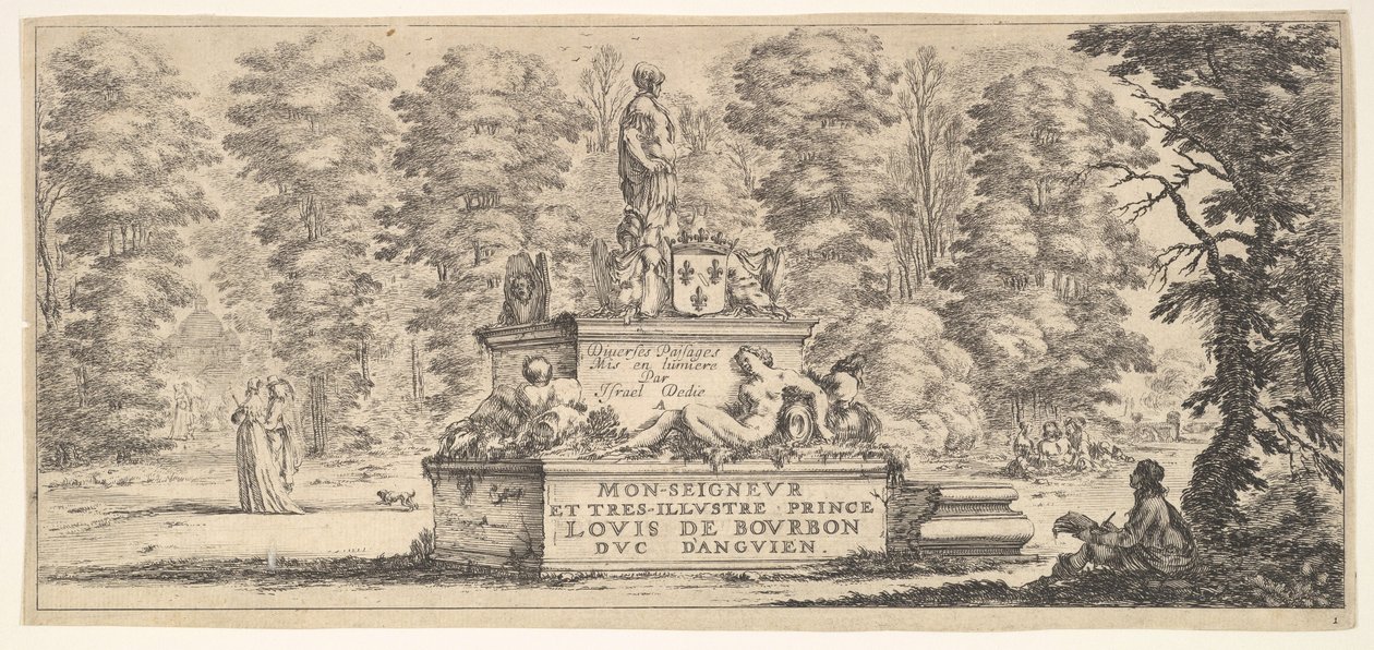 Plaat 1: een monument met beelden en een wapenschild in het midden, een tekenaar op de..., ca. 1641 door Stefano della Bella