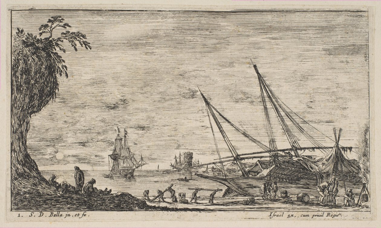 Plaat 1: haven met schepen, uit 