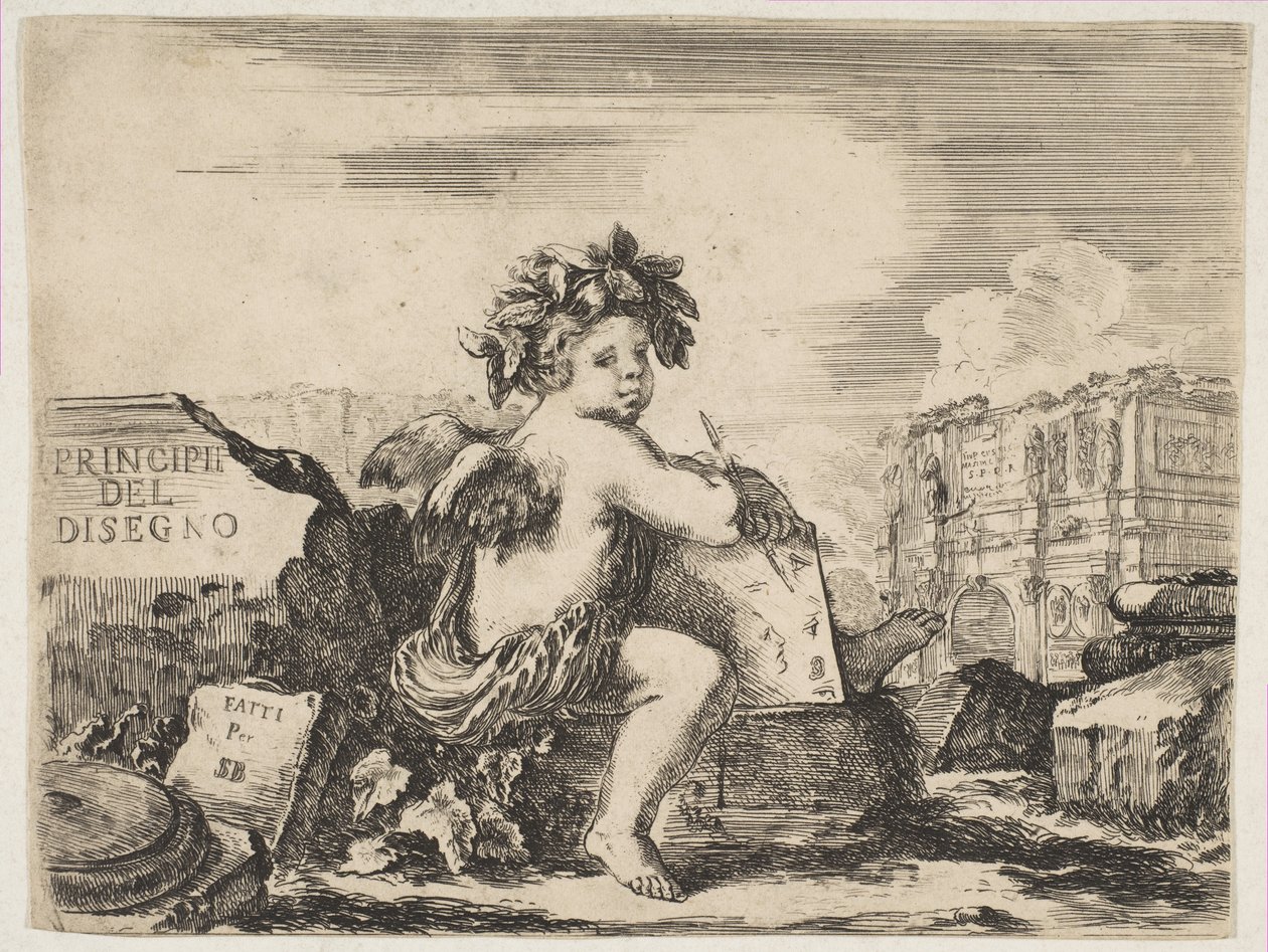 Plaat 1: het genie van het tekenen, een kind met vleugels, zittend op een rots in het midden, ca. 1641-43 door Stefano della Bella