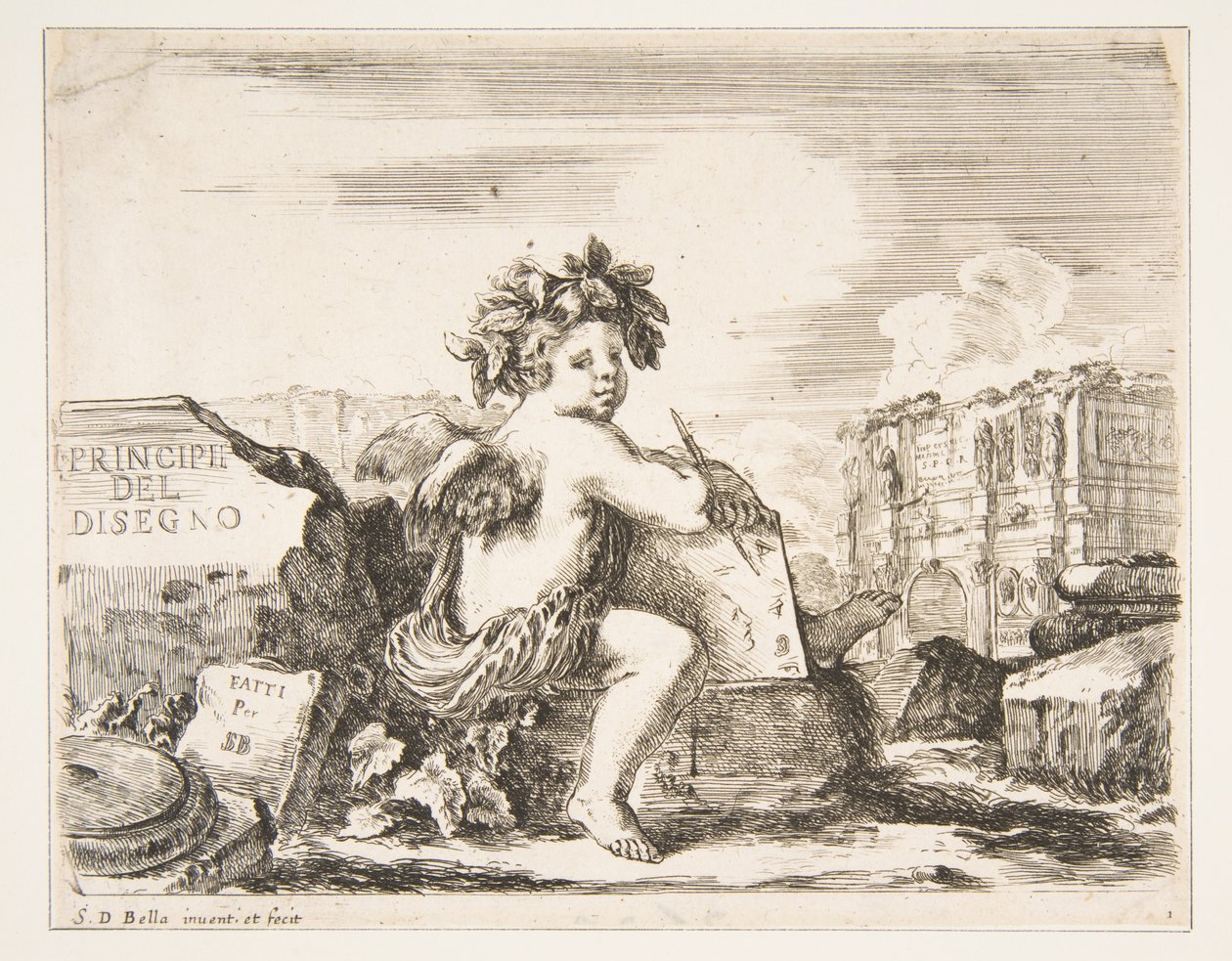 De genius van tekenen, een kind met vleugels, zittend op een rots in het midden, ca. 1641-43 door Stefano della Bella