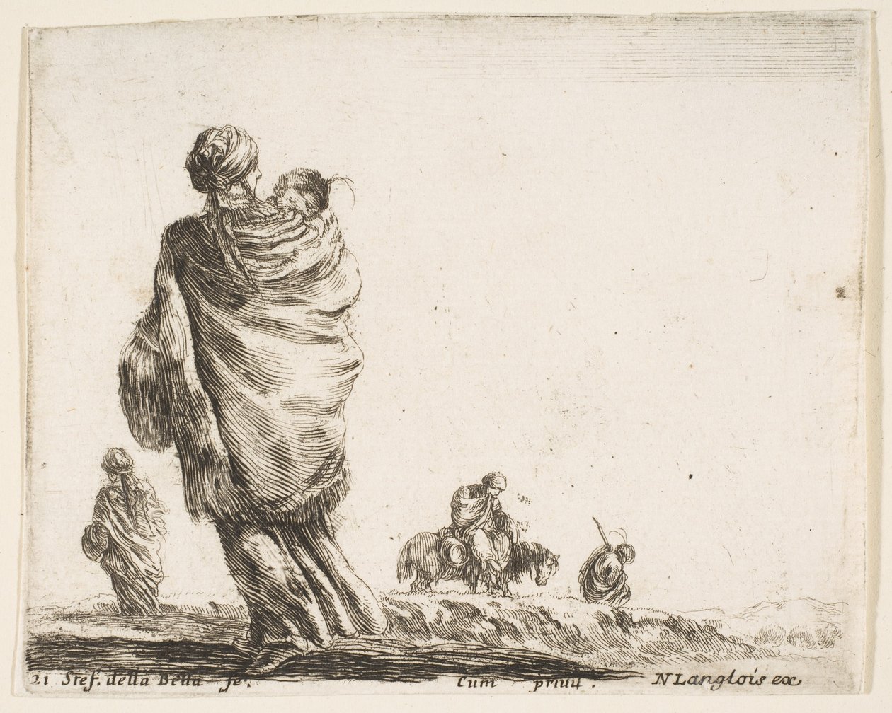 Plaat 21: een arme vrouw links, gezien van achteren, die haar kind in een sjaal wikkelt, ca. 1644-47 door Stefano della Bella
