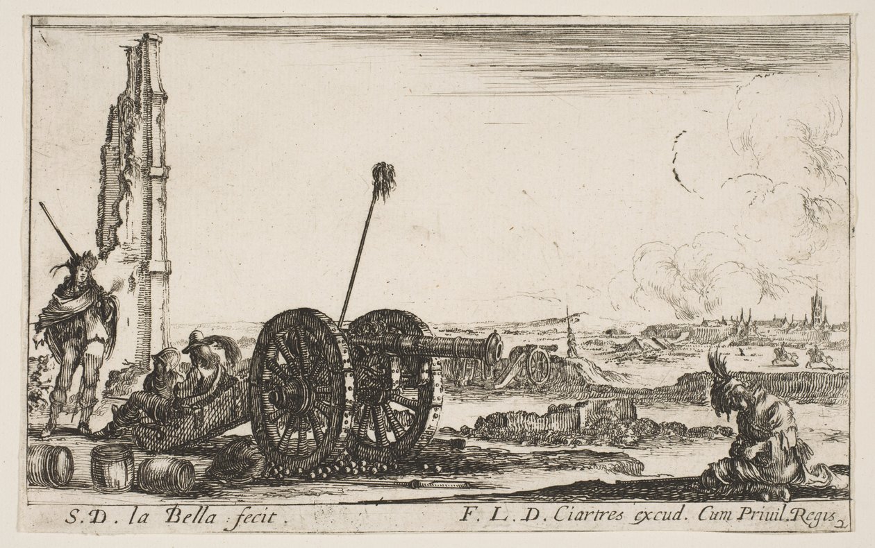 Plaat 2: Een kanon naar links, een stad op de achtergrond, uit Diverse Militaire Capriccio