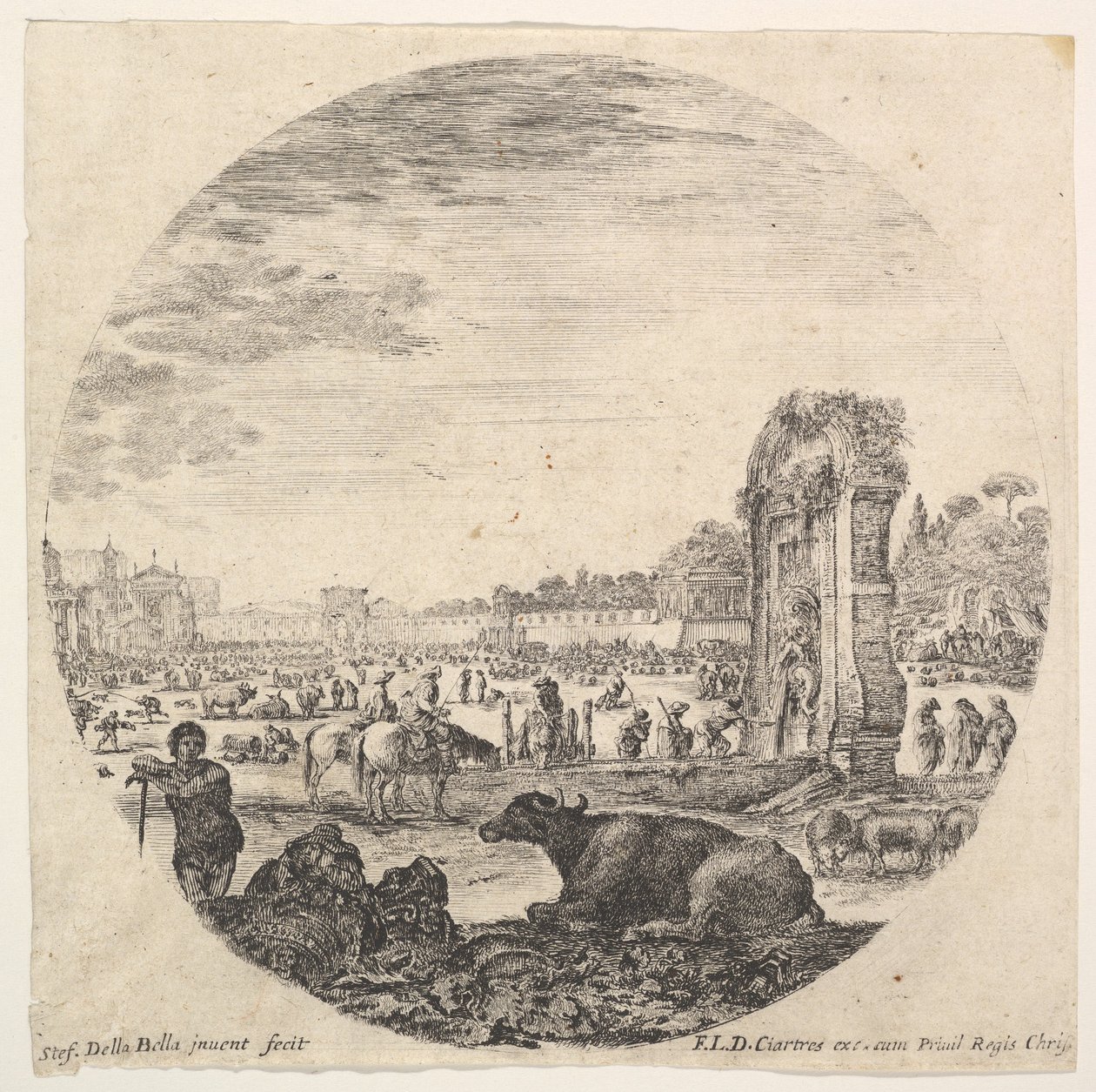 Plaat 2: Campo Vaccino, een buffel en twee herders in het midden, de Fontanone rechts door Stefano della Bella