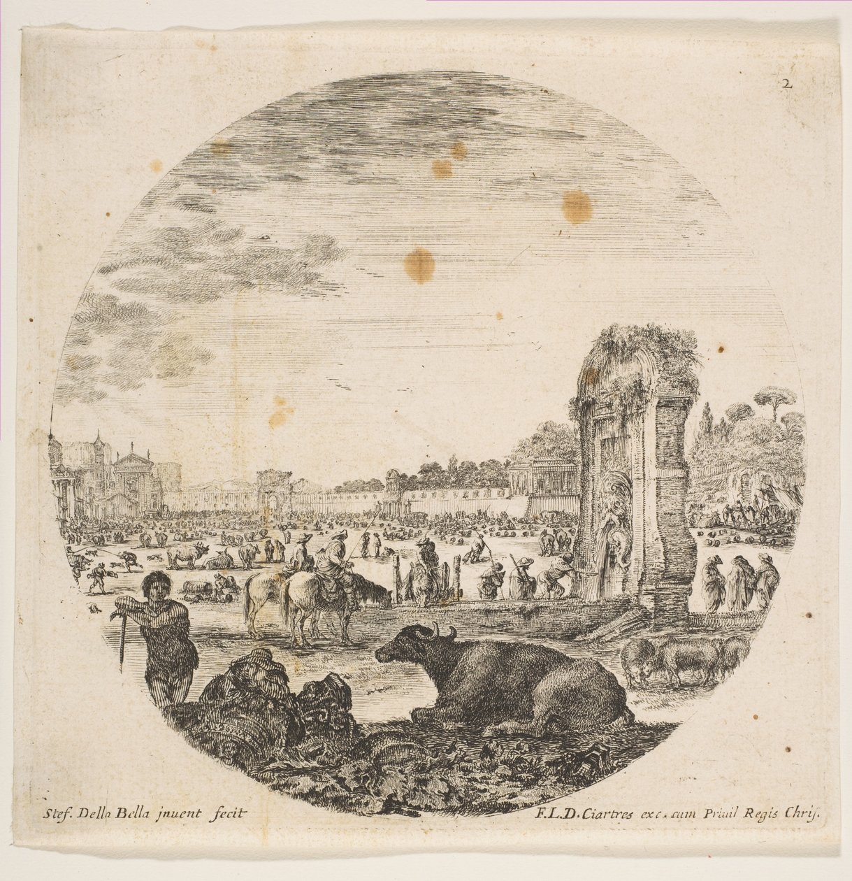 Blad 2: Campo Vaccino, een buffel en twee herders in het midden, de Fontanone rechts door Stefano della Bella