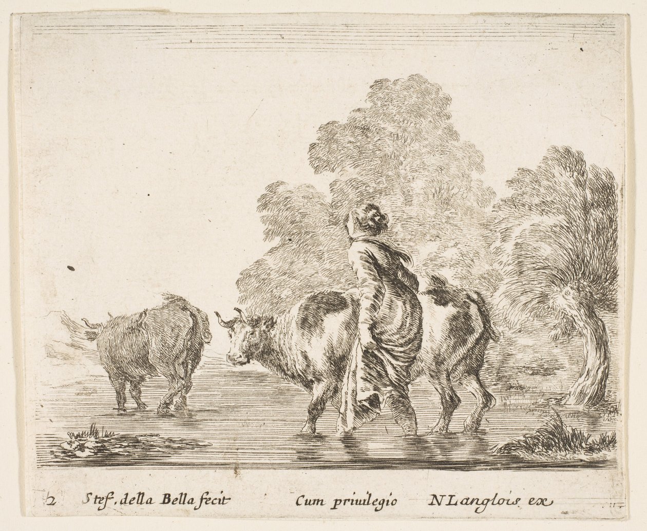 Een boerin drijft twee koeien door een beek, lopend naar links door Stefano della Bella