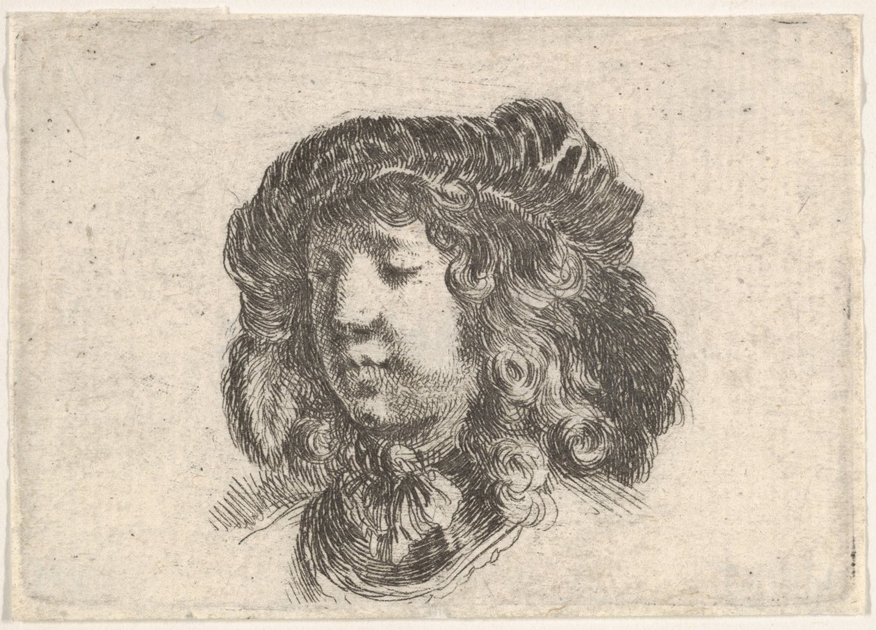 Hoofd van een jonge man in een met veren versierde pet, ca. 1646 door Stefano della Bella