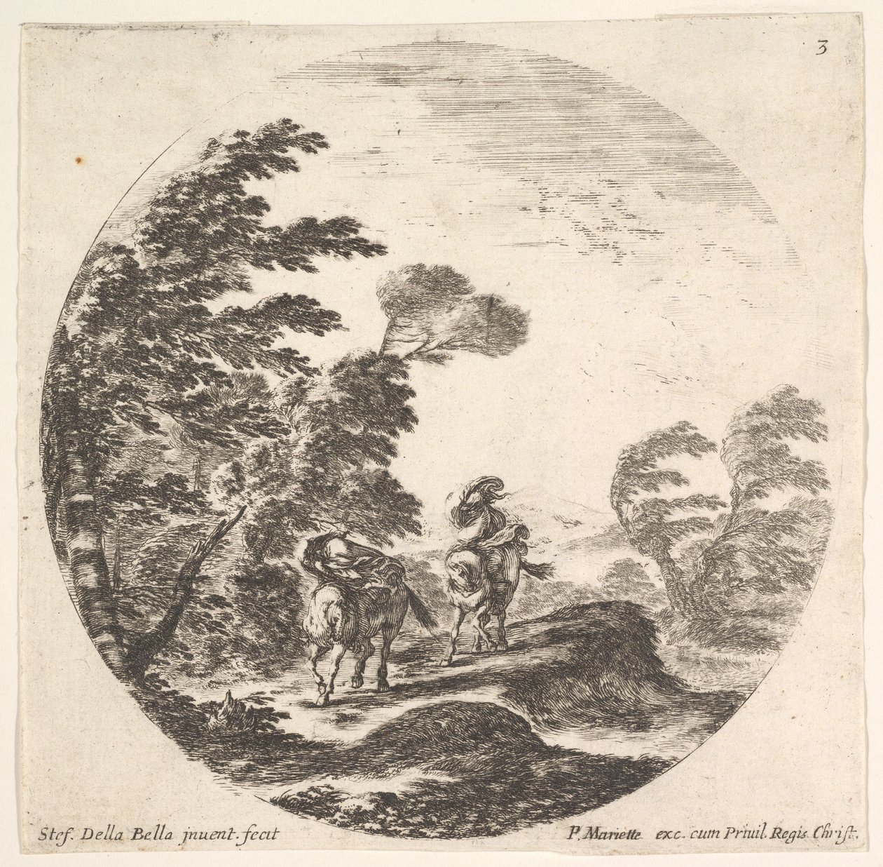 Plaat 3: een storm in het bos, twee ruiters gewikkeld in hun mantels, de wind waait, ca. 1643-48 door Stefano della Bella
