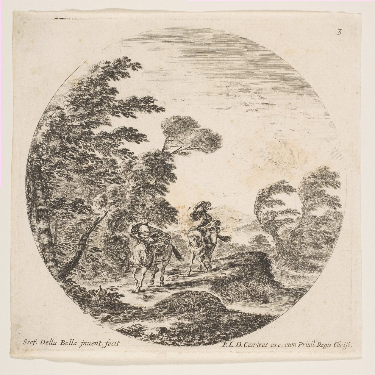 Plaat 3: een storm in het bos, twee ruiters gewikkeld in hun mantels, met de wind blo..., ca. 1646 door Stefano della Bella
