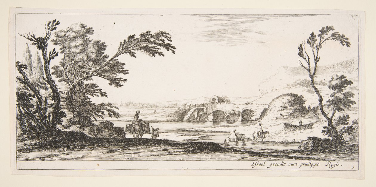 Plaat 3: twee ruiters steken een rivier over naar rechts, een vrouw met twee manden bovenop een ezel..., ca. 1641 door Stefano della Bella
