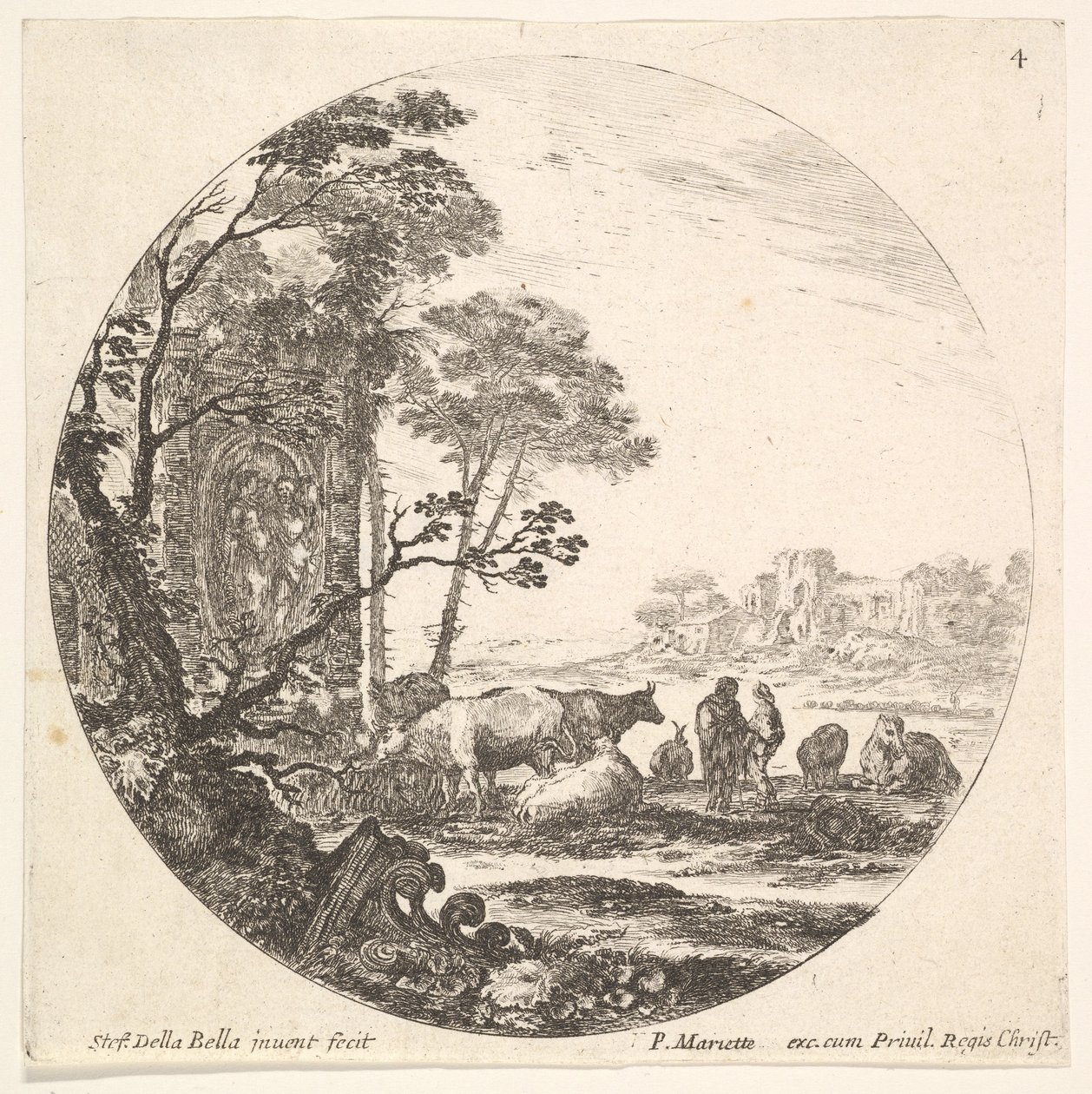 Plaat 4: een Korinthisch kapiteel op de grond naar links op de voorgrond, een monument, ca. 1643-48 door Stefano della Bella