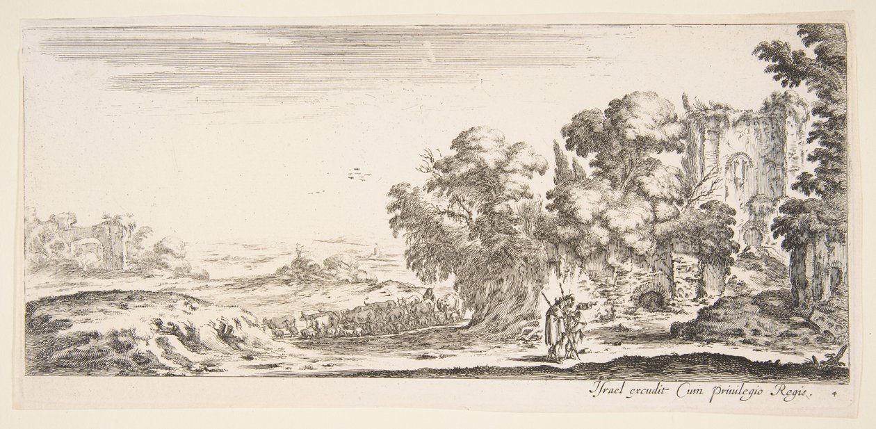 Twee pelgrims die ruïnes observeren naar rechts, een wijst naar rechts, een herder..., ca. 1641 door Stefano della Bella