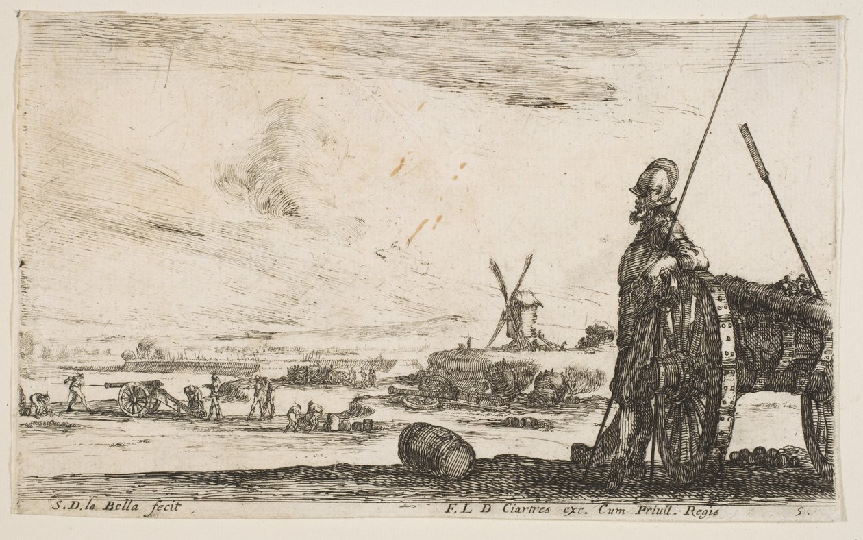 Pikeman staande rechts naast een kanon, andere militaire figuren, ca. 1641 door Stefano della Bella