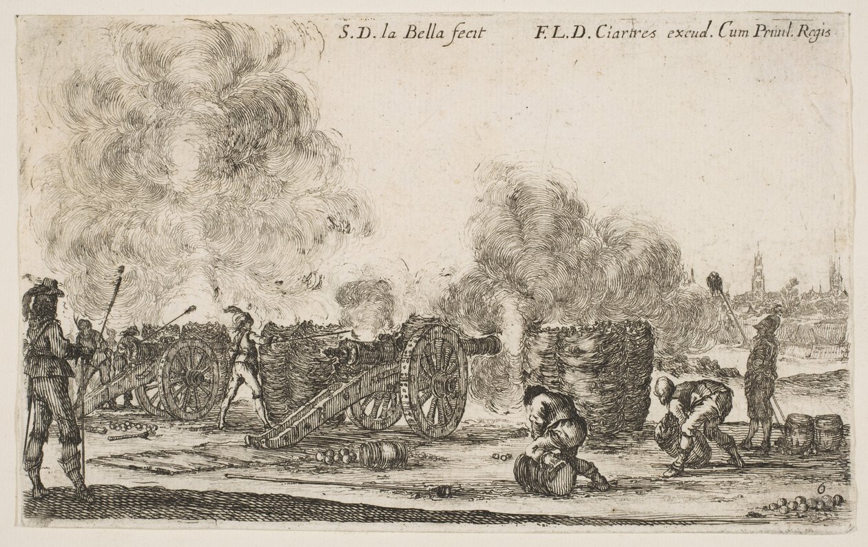 Batterij van kanonnen die op een stad vuren, uit Various Military Caprices Varii door Stefano della Bella