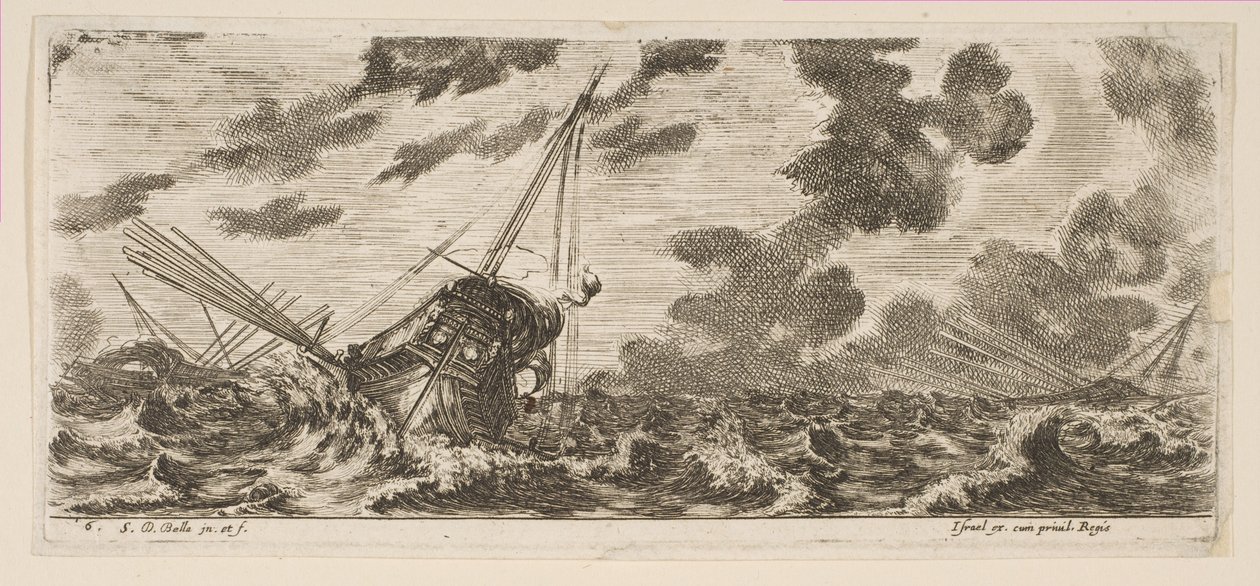 Drie schepen in een storm, ca. 1646-47 door Stefano della Bella