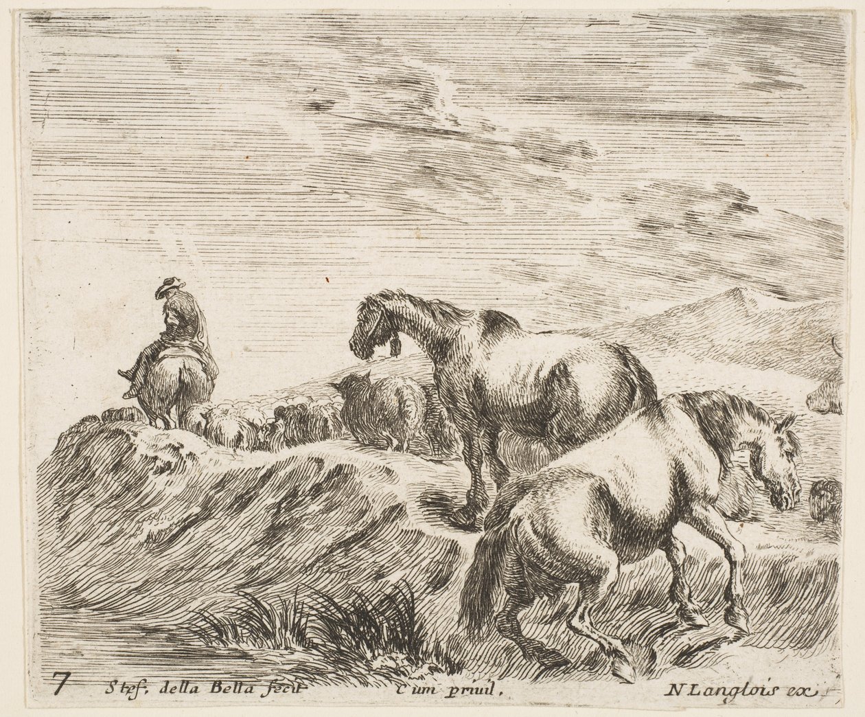 Plaat 7: twee paarden die de oever van een rivier beklimmen, volgend op een processie door Stefano della Bella