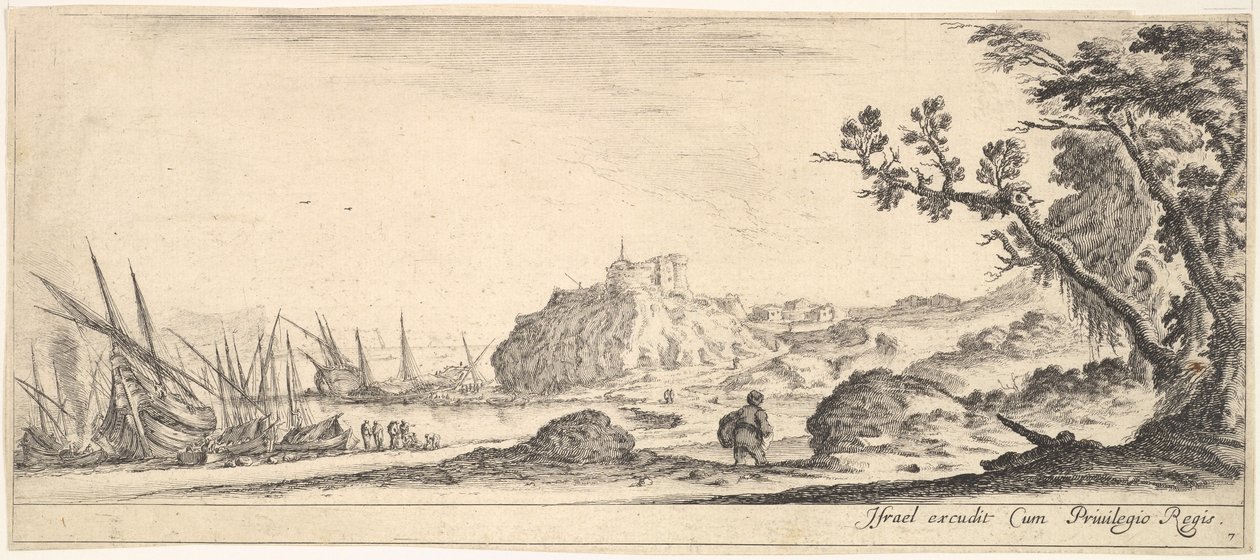 Plaat 7: verschillende boten aan de kust links, een man met een tas, van achteren gezien, ca. 1641 door Stefano della Bella