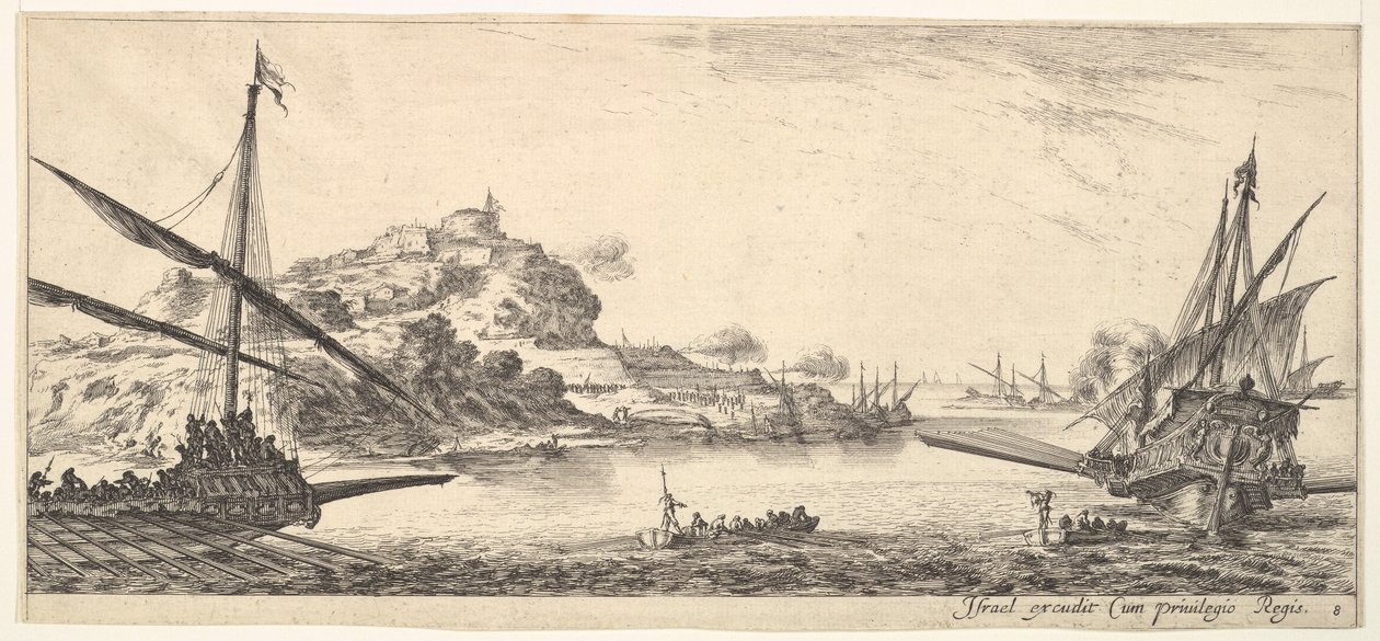 Plaat 8: Aan de boeg van een galei links en een andere galei rechts, gezien van achteren..., ca. 1641 door Stefano della Bella