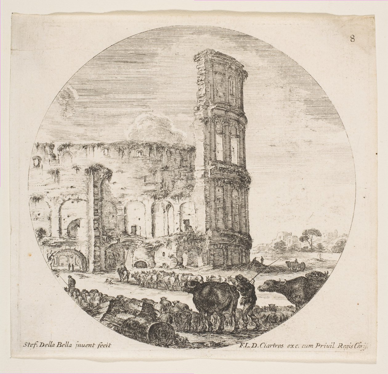 Plaat 8: het Colosseum, twee kuddes worden naar het amfitheater geleid op de voorgrond, ca. 1646 door Stefano della Bella