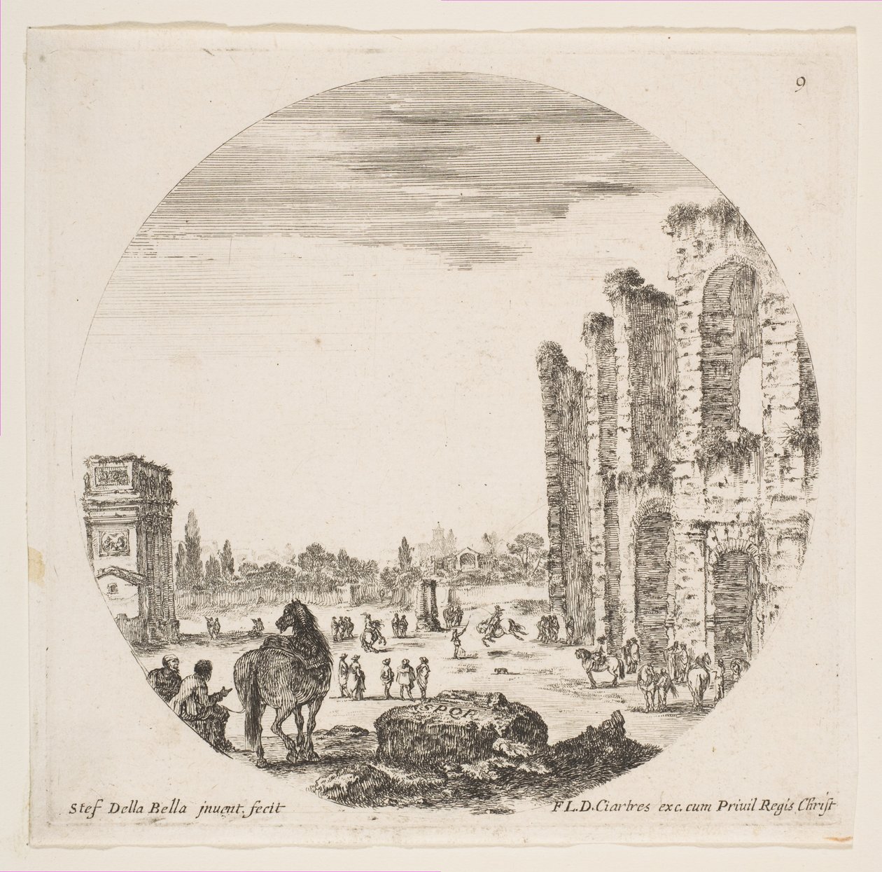 Plaat 9: de Boog van Constantijn links, een deel van het Colosseum rechts, verschillende paarden door Stefano della Bella