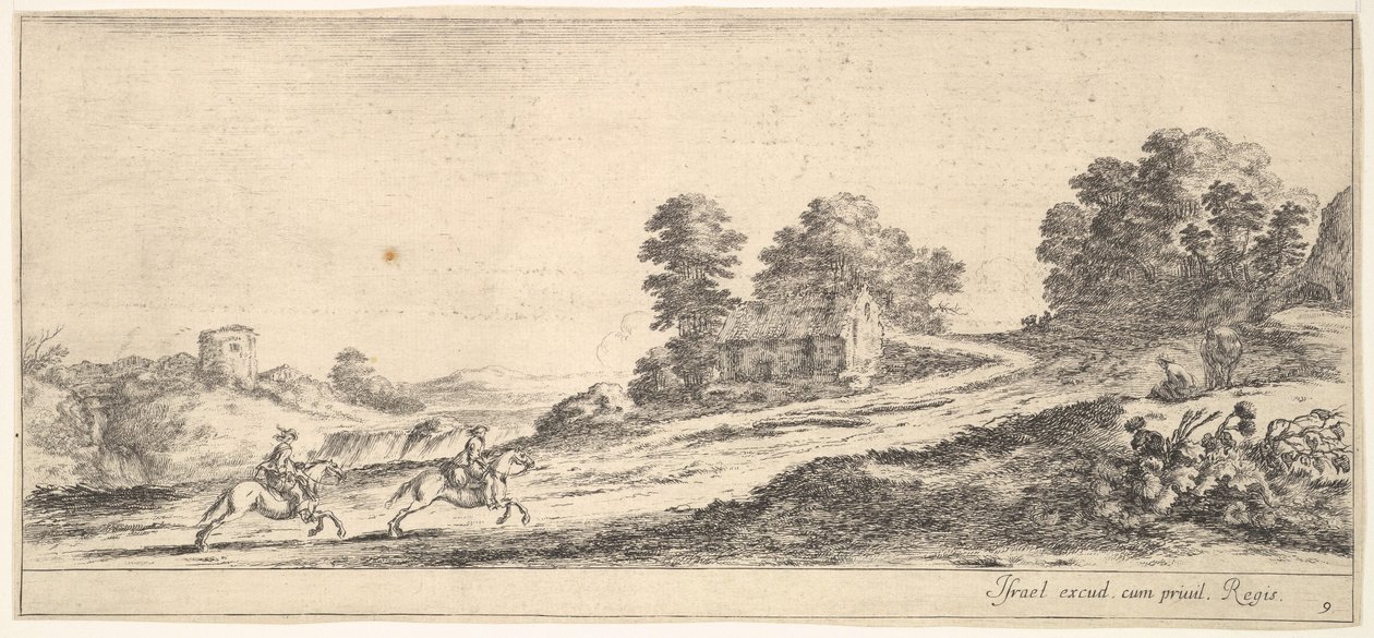 Plaat 9: twee ruiters links galopperend heuvelopwaarts naar rechts, een paard en zittende man, ca. 1641 door Stefano della Bella