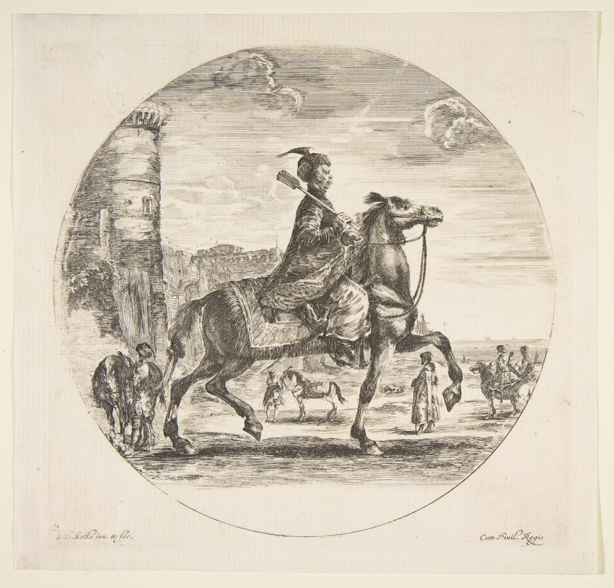 Poolse ruiter in profiel naar rechts, een toren en andere figuren op paarden op de achtergrond door Stefano della Bella