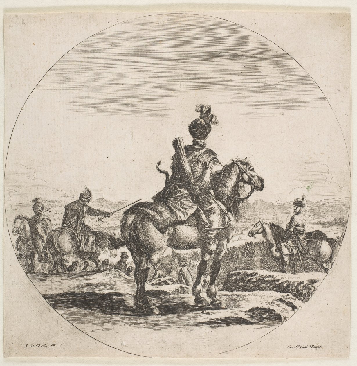 Poolse ruiter met boog en pijl, gezien van achteren met zijn paard naar rechts, ca. 1651 door Stefano della Bella