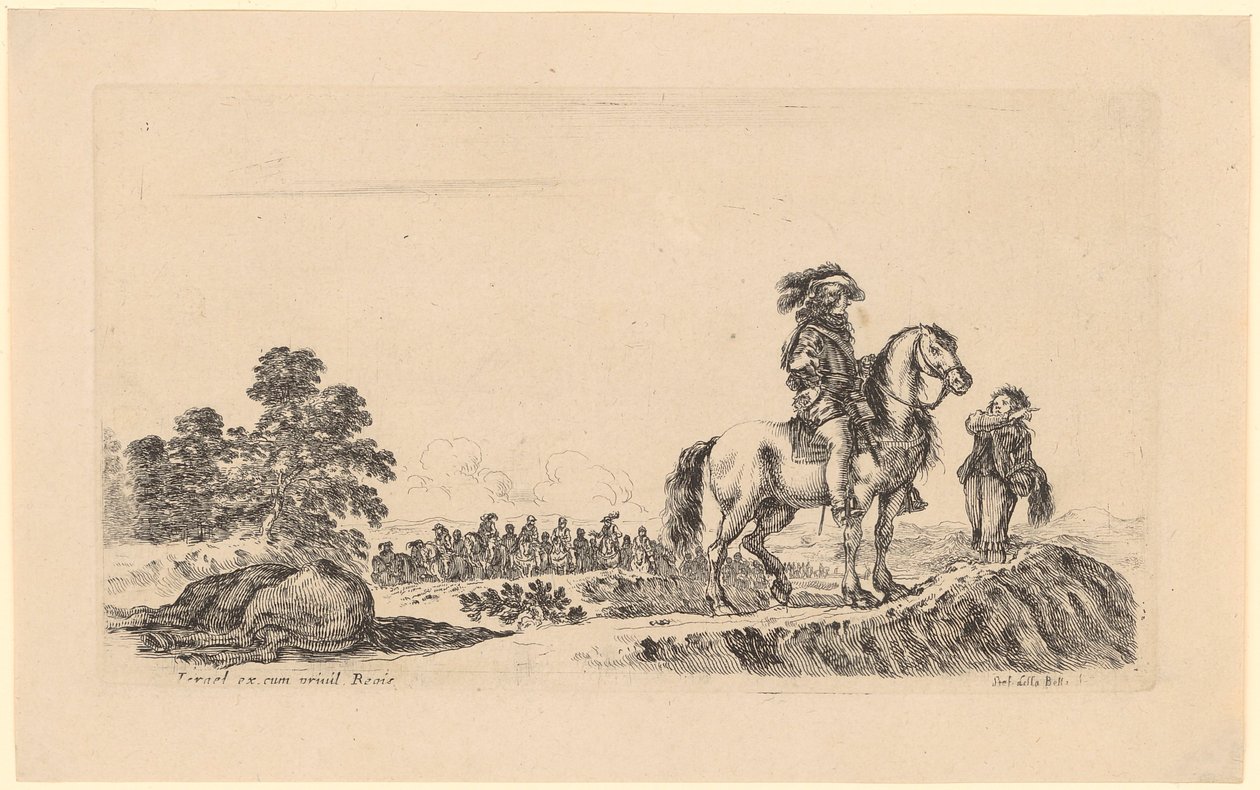 Ruiter die naar de weg vraagt, met achter hem een grote groep ruiters door Stefano della Bella
