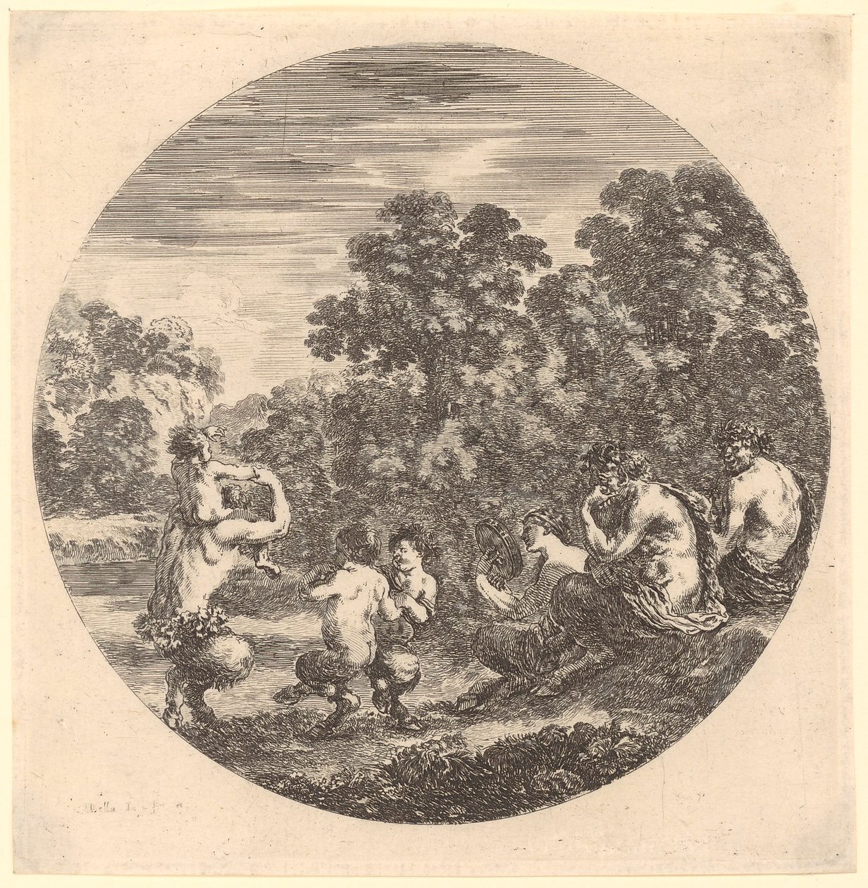 Een familie saters die muziek maakt en danst, blad 6 uit de reeks „Zes dierlijke motieven in cirkelvormige afbeelding“ door Stefano della Bella