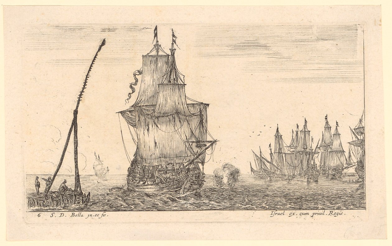 Zeegezicht met een groot schip en een vuurtoren op de voorgrond door Stefano della Bella