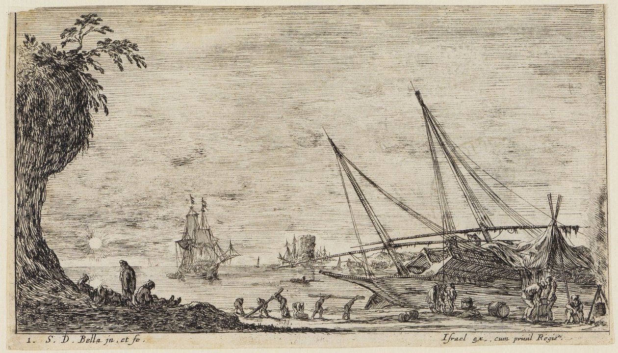 Zeegezichten (Paysages maritimes): zeehaven met zeelieden en arbeiders die houtblokken vervoeren door Stefano della Bella