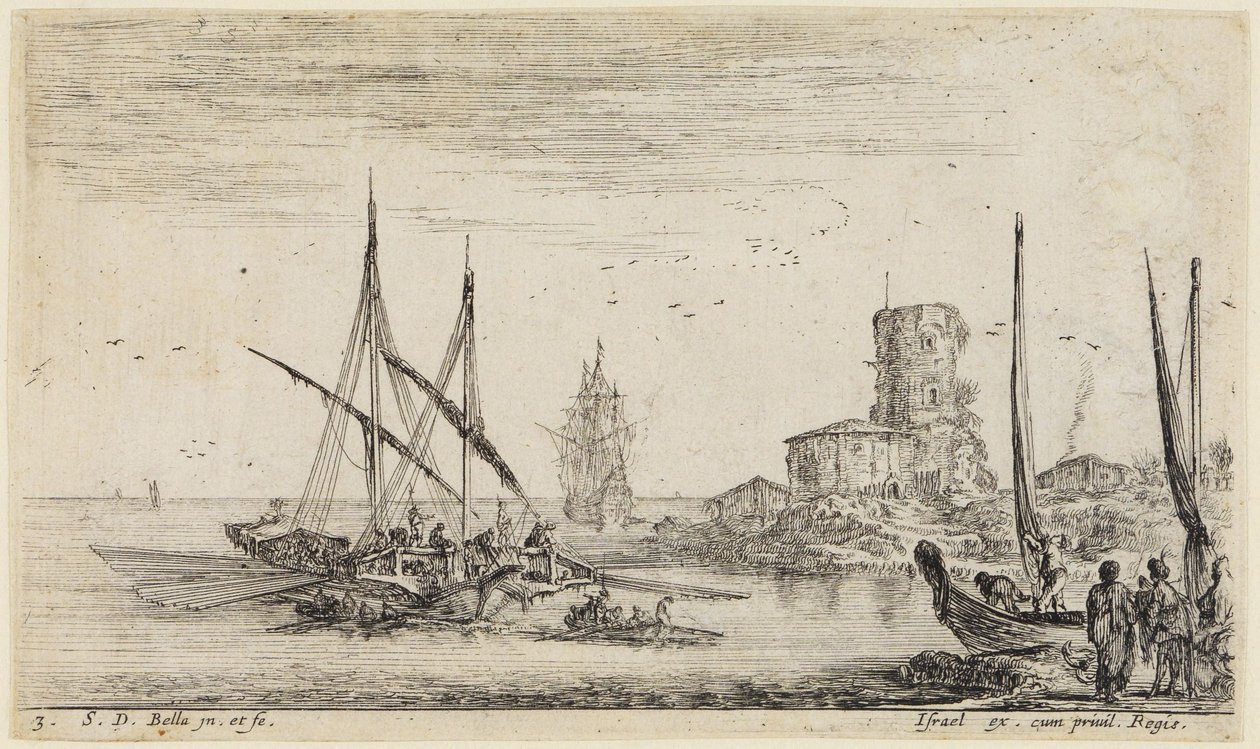 Zeegezichten (Paysages maritimes): Zeegezicht met een oude toren door Stefano della Bella