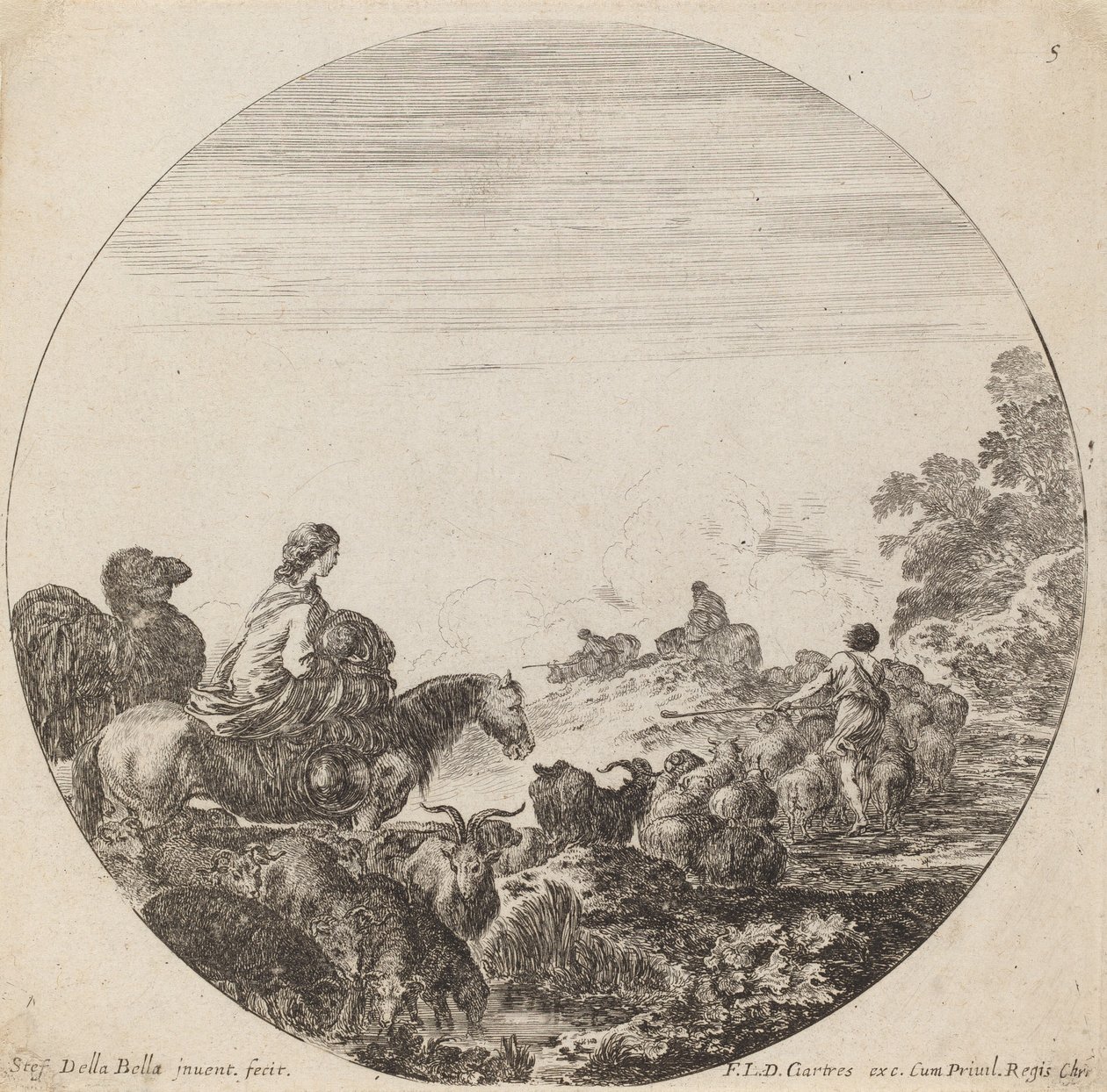 Herders en kudde met vrouw en kameel, 1646 door Stefano della Bella