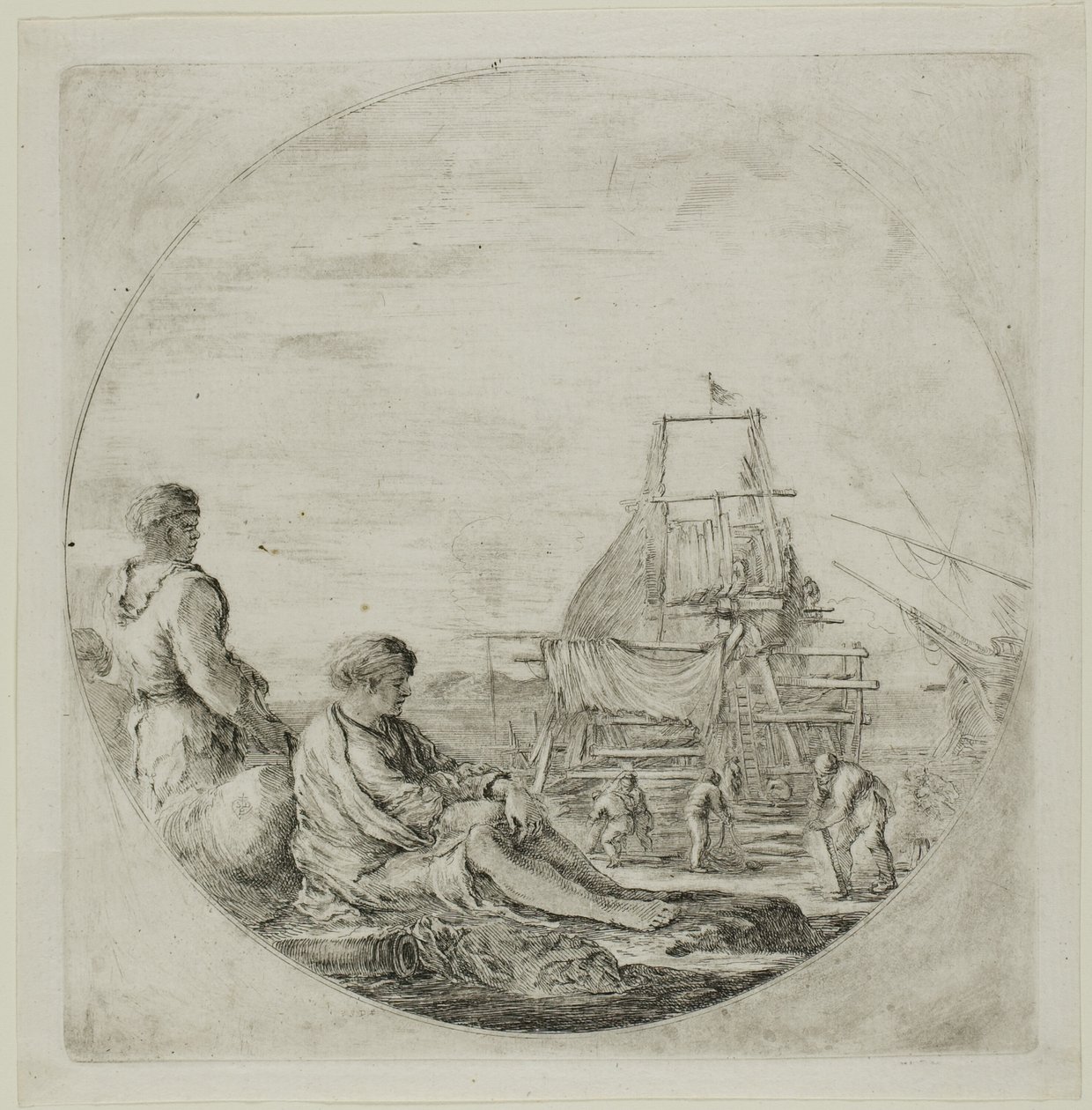 Scheepswerf met twee matrozen door Stefano della Bella