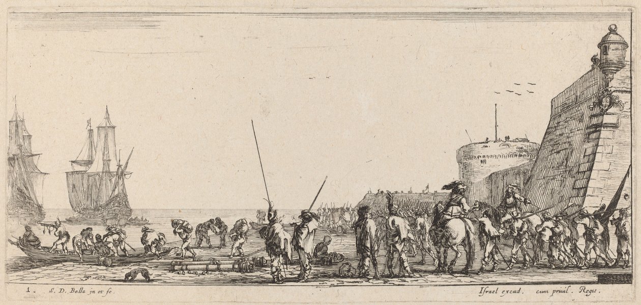Soldaten houden toezicht op inscheping, 1644 door Stefano della Bella